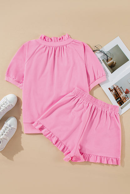 Half Zip Puff Sleeve Top And Ruffled Shorts Set | Pink