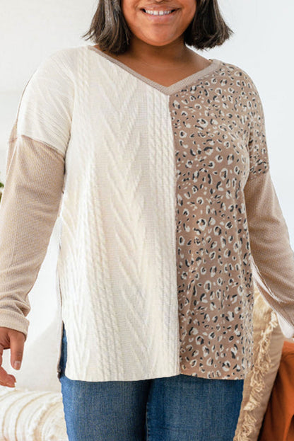 Plus Size Leopard Patchwork Mix Knit Long Sleeve Top | Gray