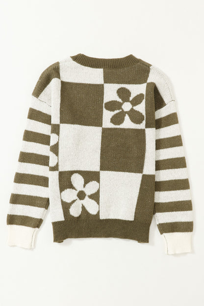 Green Checkered Floral Print Striped Sleeve Sweater | Mist Green