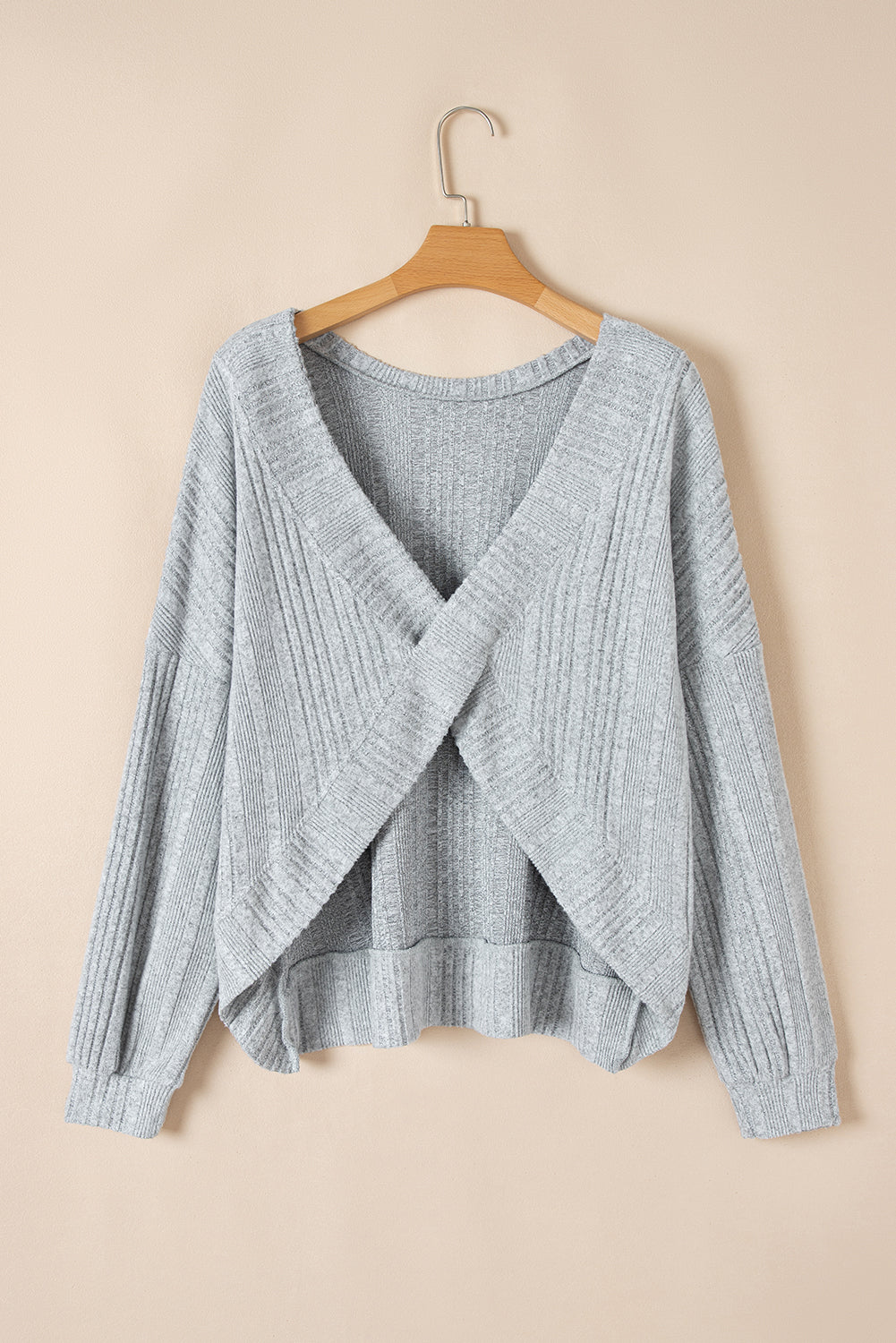 Textured Crossover Backless Knit Long Sleeve Top | Light Grey