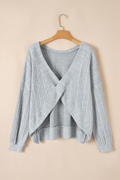 Textured Crossover Backless Knit Long Sleeve Top | Light Grey