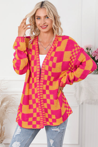 Open Front Mixed Checkered Pattern Knit Cardigan | Multicolour