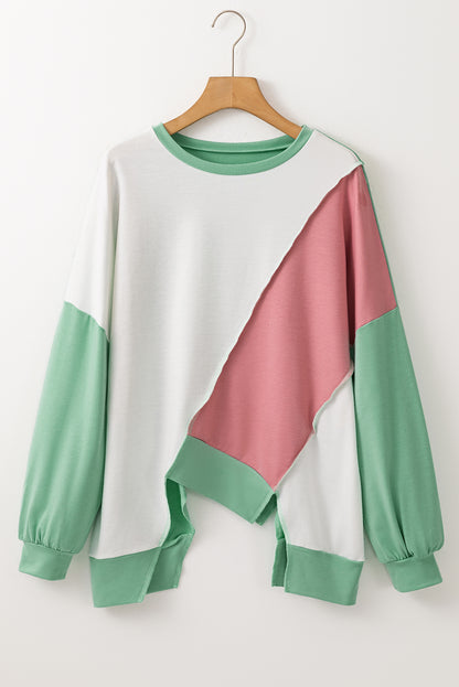 Colourblock Stitching Irregular Hem Long Sleeve Top | Rose Pink