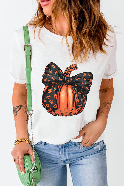 Halloween Bowknot Pumpkin Graphic Crewneck T Shirt | White