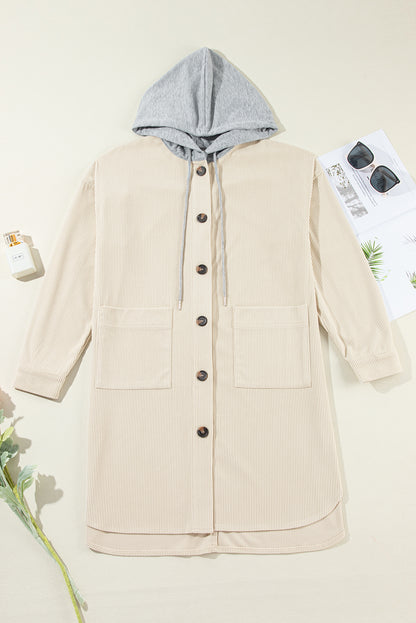 Oversized Corduroy Contrast Hooded Shacket | Beige