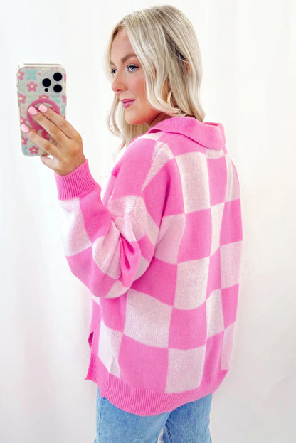 Checkerboard Half Button Collared Drop Shoulder Sweater | Pink