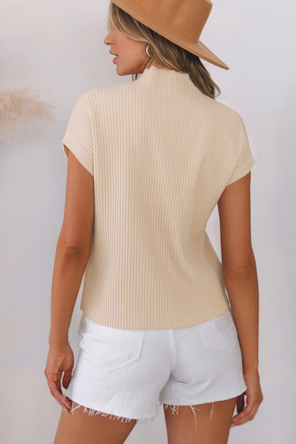 Patch Pocket Ribbed Knit Short Sleeve Sweater | Oatmeal