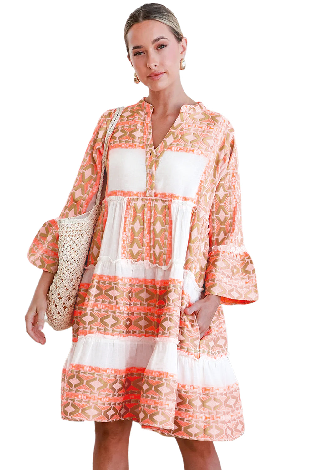 Geometric Print Ruffle Tiered Button V Neck Dress | Orange