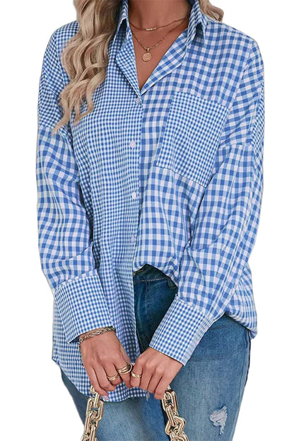 Plaid Patchwork Button Up Long Sleeve Shirt | Sky Blue Stripe