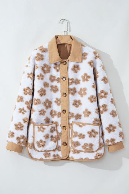 Cute Flower Pattern Button Up Fleece Jacket | Light French Beige