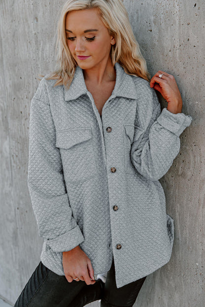 Retro Quilted Flap Pocket Button Shacket | Gray