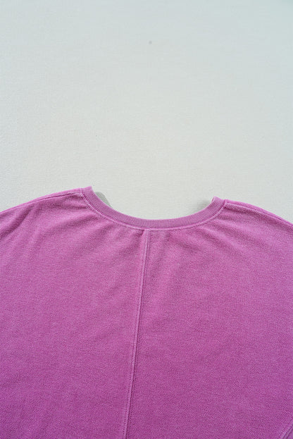 Solid Colour Notched Neck Drop Shoulder Sweatshirt | Bright Pink