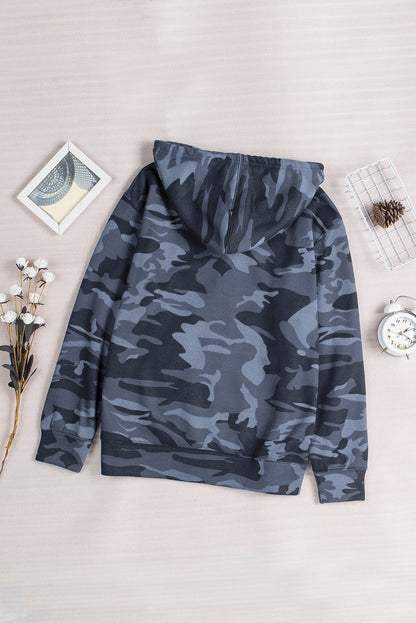 Camo Print Zip-Up Hooded Coat With Pockets | Black