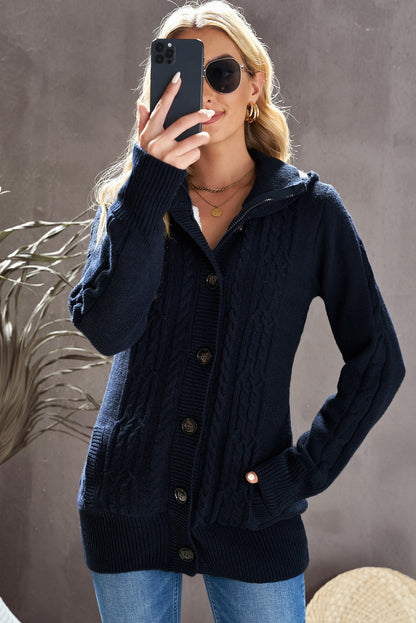 Long Sleeve Button-Up Hooded Cardigans | Navy Blue