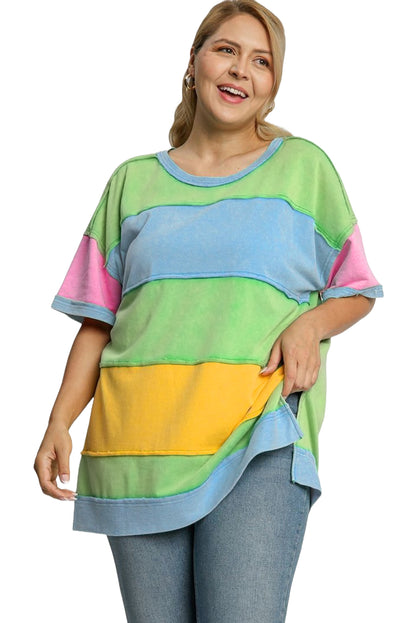 Colour Block Exposed Seam Patchwork Plus Size T Shirt | Light Blue