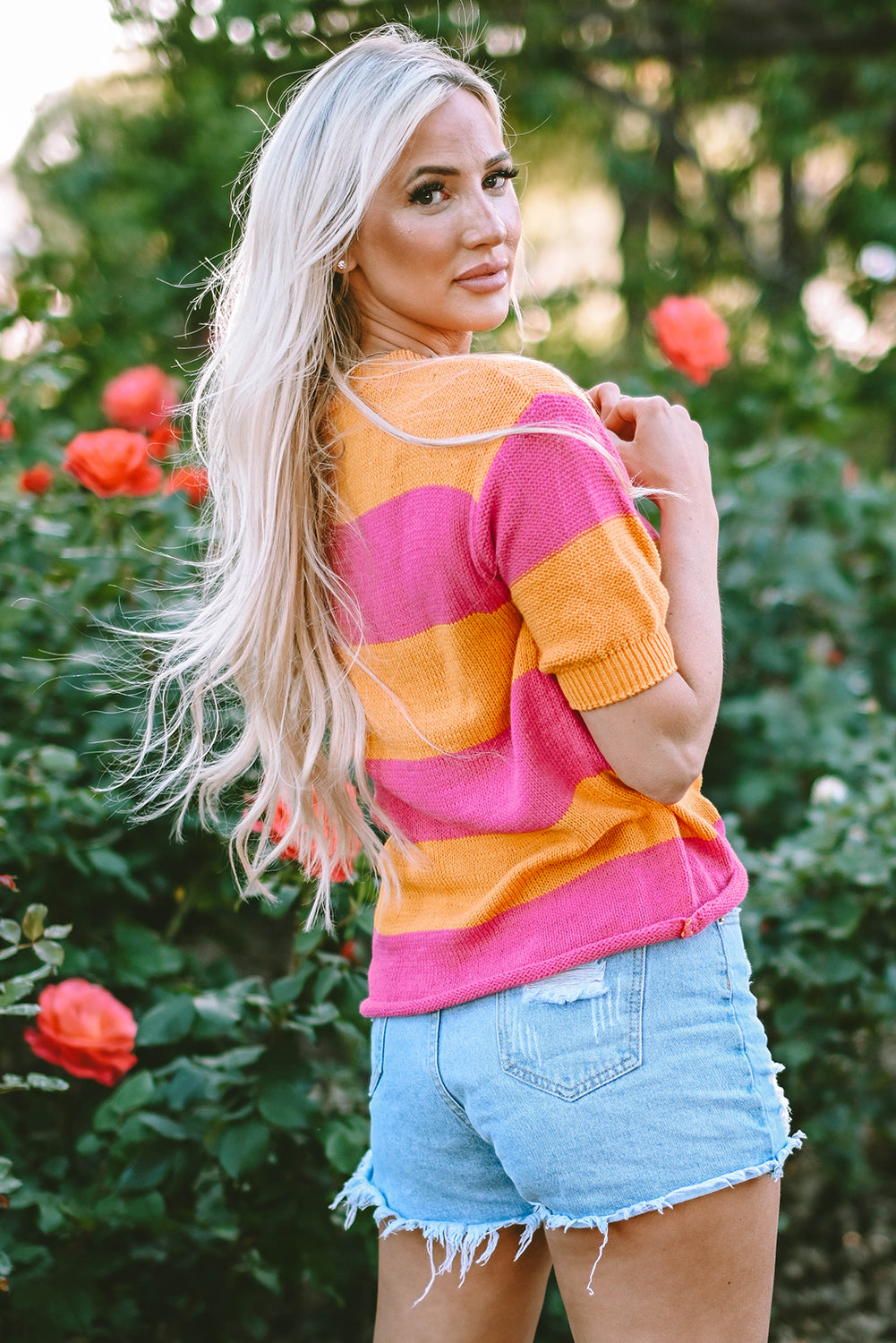 Colour Block Knitted T-Shirt Sweater | Orange Stripe