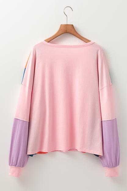 Colourblock Long Sleeve Buttons Henley Top | Pink