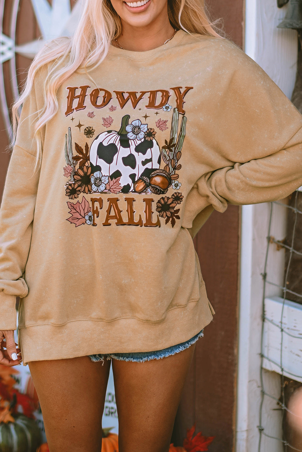 Howdy Fall Pumpkin Print Split Hem Sweatshirt | Khaki