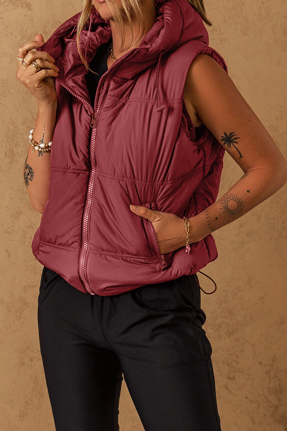 Zip-Up Side Pockets Hooded Puffer Vest | Clay