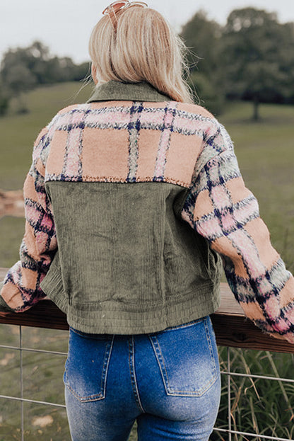 Plaid Corduroy Flap Pockets Boxy Chunky Jacket | Green