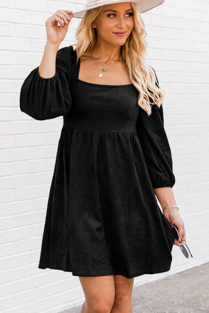 Suede Square Neck Puff Sleeve Dress | Black