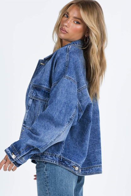 Chest Pockets Drop Shoulder Loose Denim Jacket | Blue