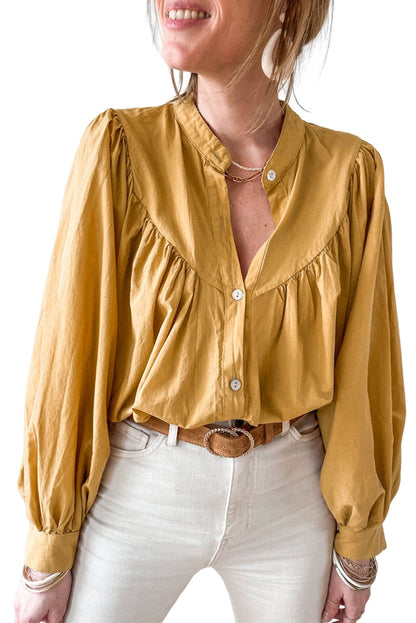 Puff Sleeve Pleated Loose Shirt | Yellow