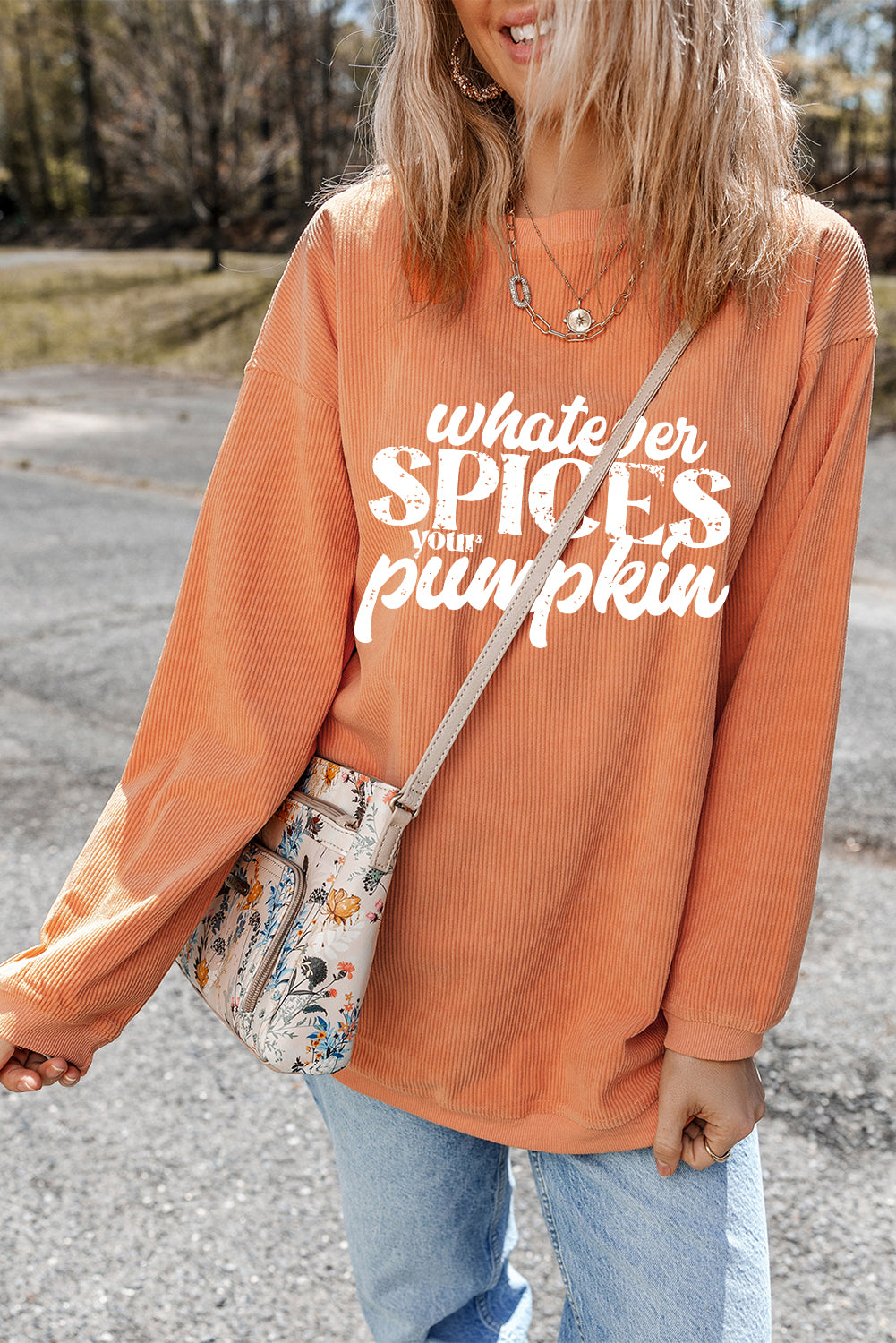 Whatever Spices Your Pumpkin Graphic Corded Pullover Sweatshirt | Orange