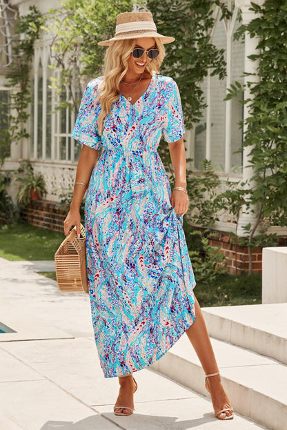 Wrap V Neck Floral Maxi Dress | Green