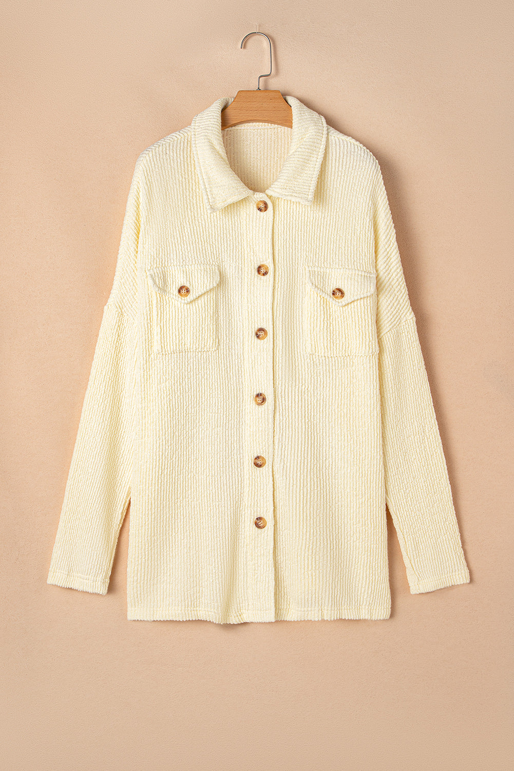 Plus Size Ribbed Flap Pocket Collared Knit Jacket | Beige