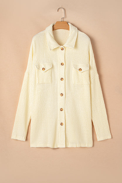 Plus Size Ribbed Flap Pocket Collared Knit Jacket | Beige