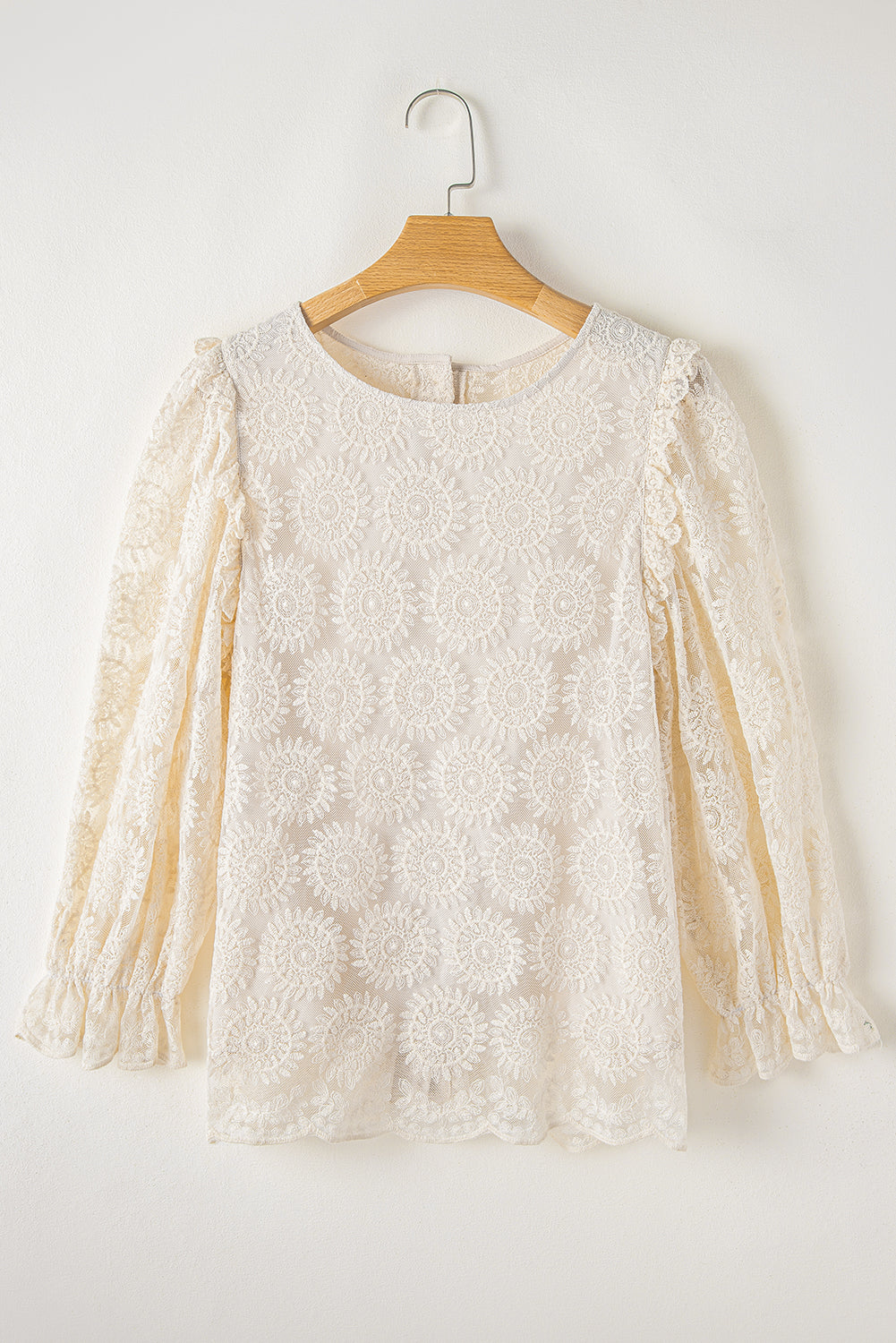 Flower Jacquard Button Back Ruffled 3/4 Sleeve Blouse | Oatmeal