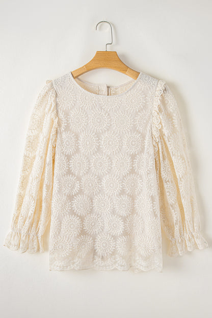 Flower Jacquard Button Back Ruffled 3/4 Sleeve Blouse | Oatmeal