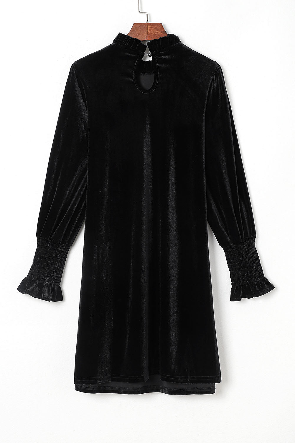 Velvet Frill Neck Long Sleeve Shift Dress | Black