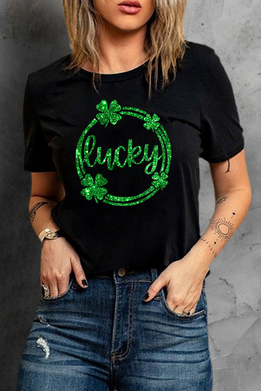 Black St Patrick Sequin Lucky Clover Print Short Sleeve T-shirt