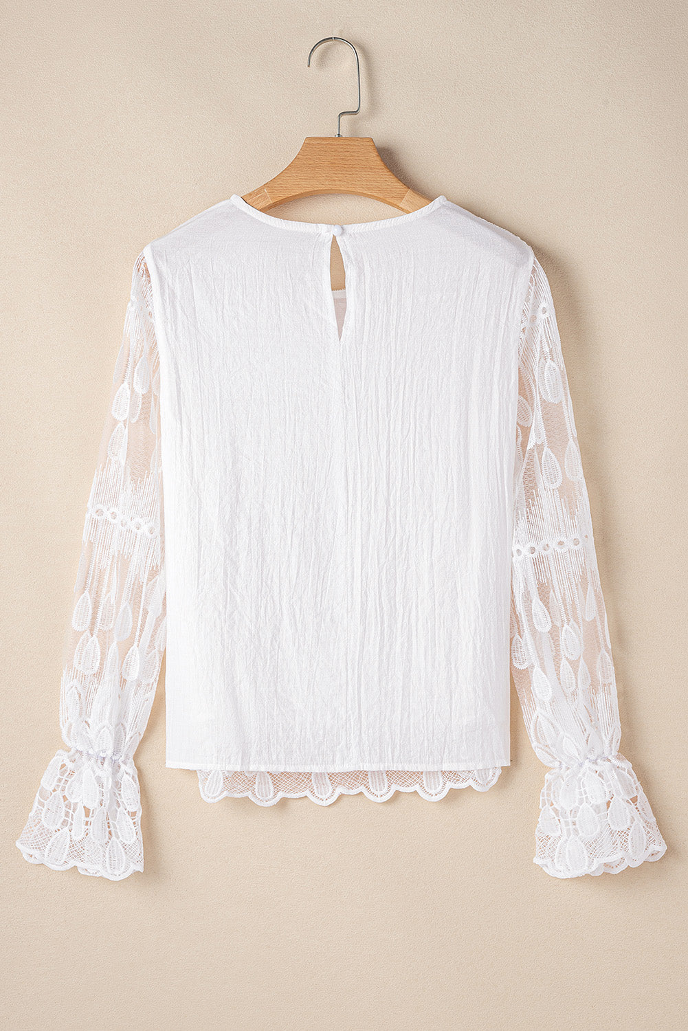 Embroidered Mesh Flounce Sleeve Blouse | Beige