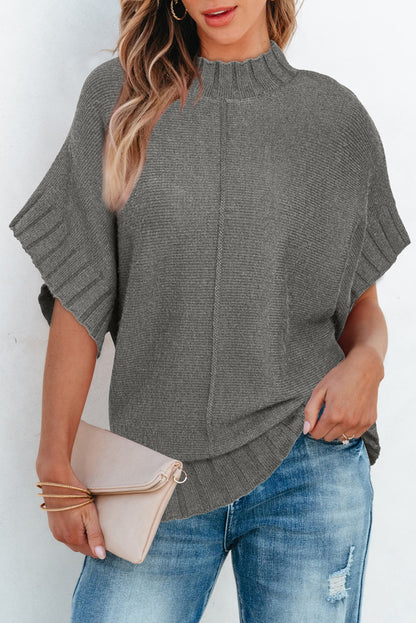 Mock Neck Batwing Short Sleeve Knit Sweater | Medium Grey