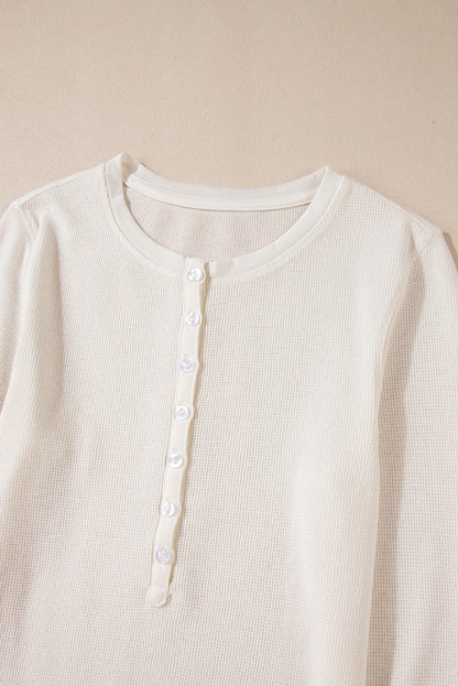 Solid Colour Waffle Half Button Long Sleeve Top | White