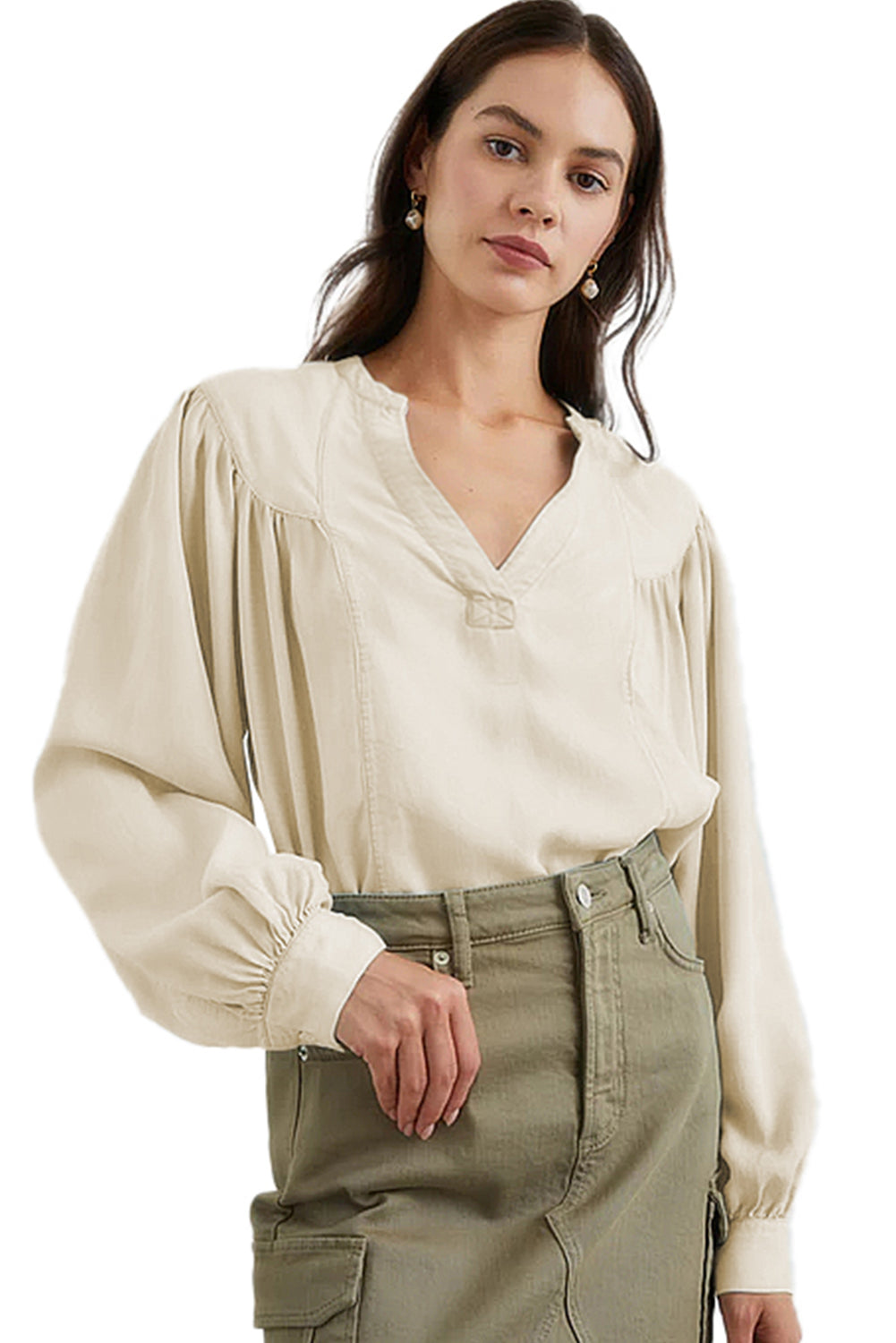 Solid Colour Lantern Sleeve Notched V Neck Blouse | White