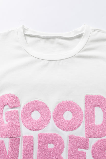 Good Vibes Chenille Embroidered Crewneck T Shirt | White