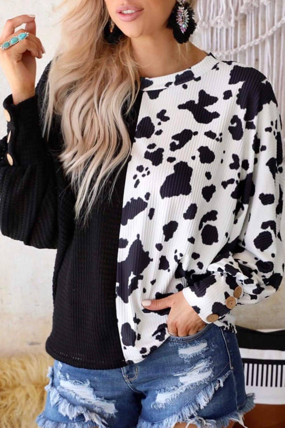 Cow Patchwork Waffle Knit Long Sleeve Top | Black