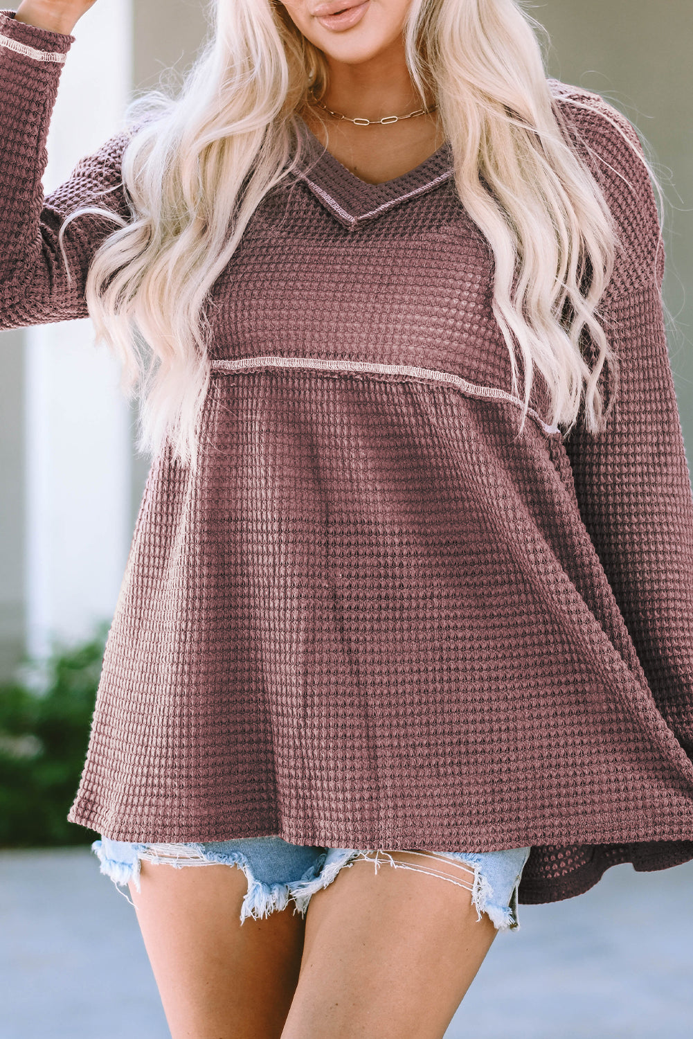 Waffle Knit V Neck Long Sleeve Babydoll Top | Pink