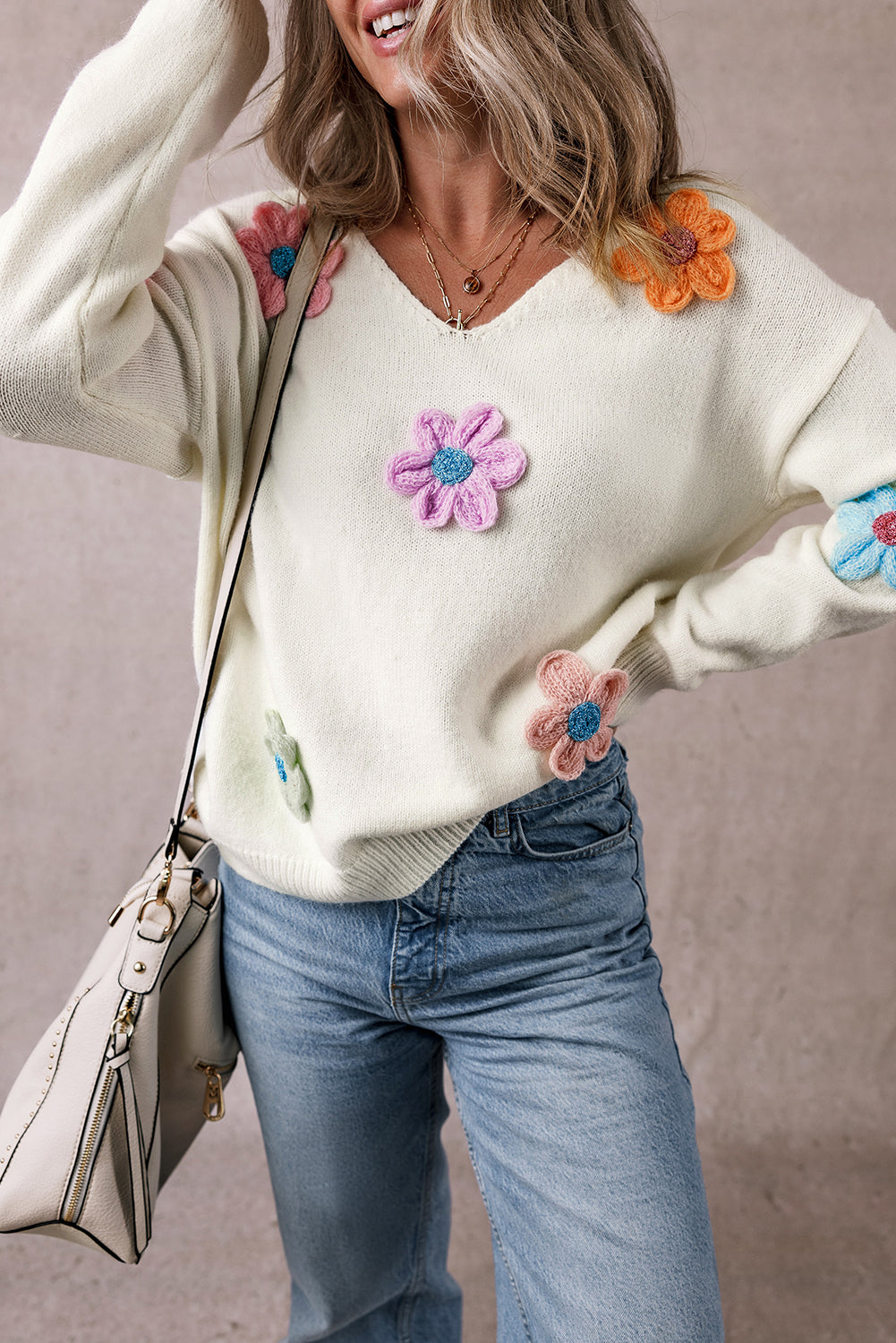 Crochet Flower V Neck Sweater | White