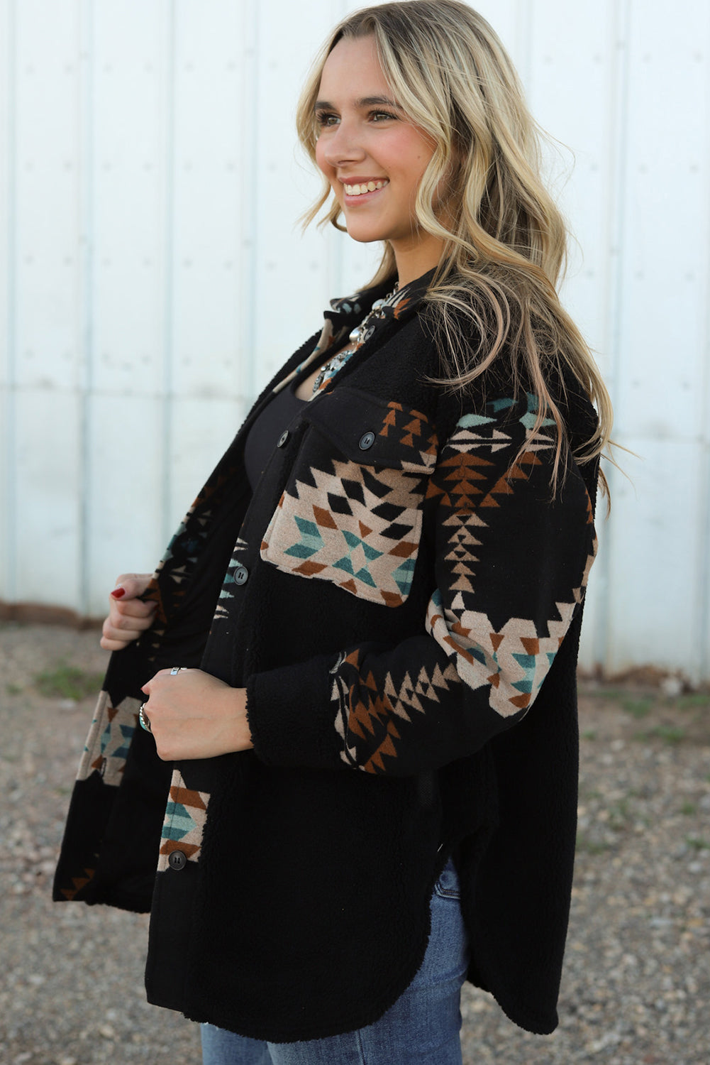 Western Aztec Print Accent Fleece Shacket | Black