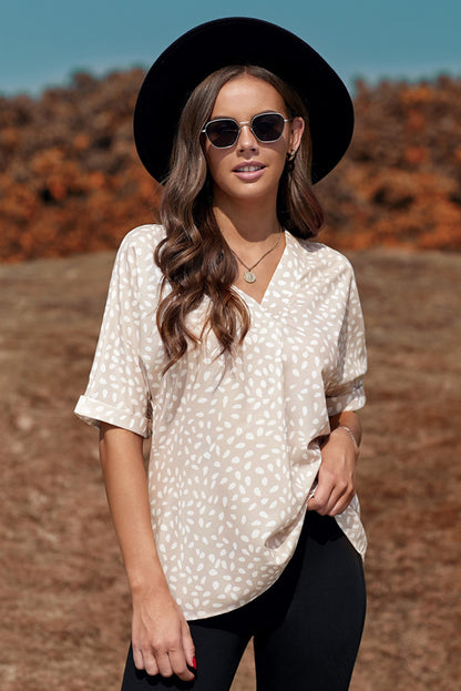 Animal Print V-Neck Rolled Sleeve Tunic Top | Apricot