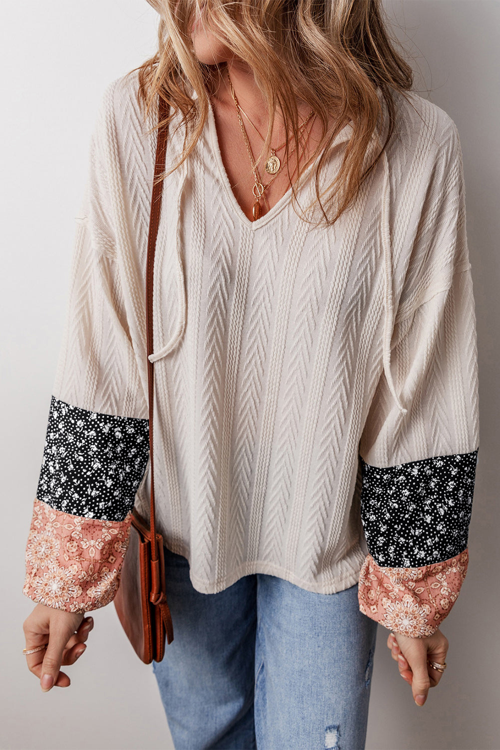 Floral Patchwork Textured Knit Drawstring V Neck Blouse | Beige