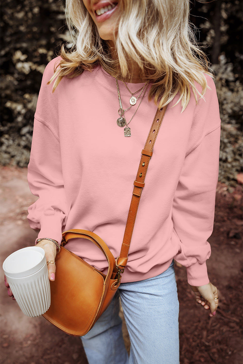 Loose Drop Shoulder Ribbed Sweatshirt | Pink