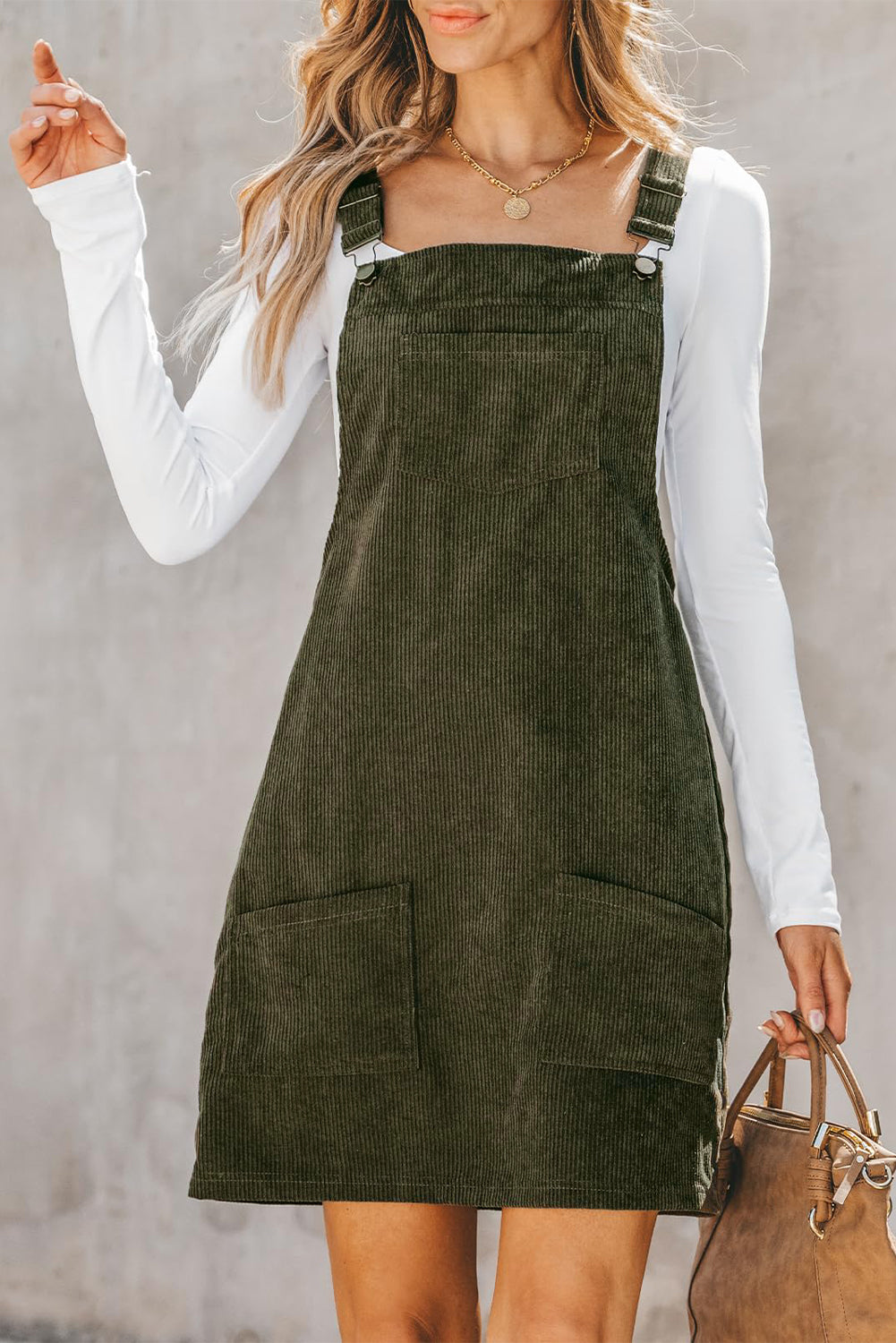 Solid Front Pockets Sleeveless Corduroy Overall Dress | Vineyard Green