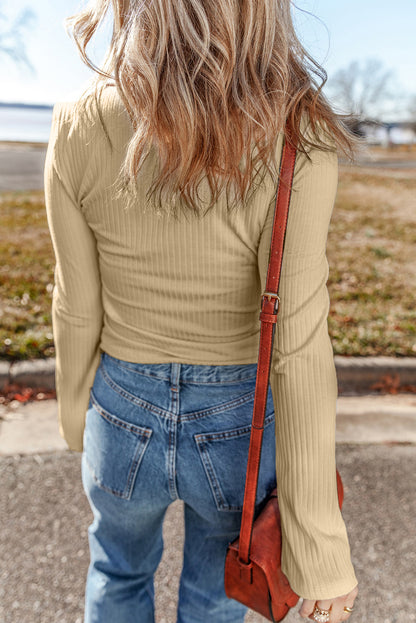 Ribbed Buttoned Collar Long Sleeve Slim Fit Top | Beige