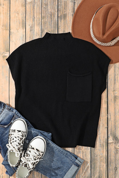 Patch Pocket Ribbed Knit Short Sleeve Sweater | Black